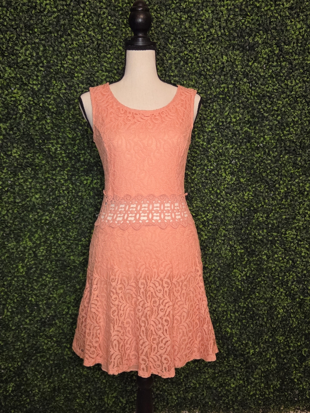 Coral Lace Dress Crochet Sheer Waist Smal